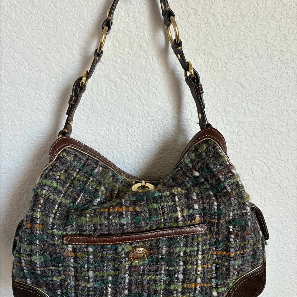 Coach Rare Stylish Tweed Shoulder Bag - Green and Brown